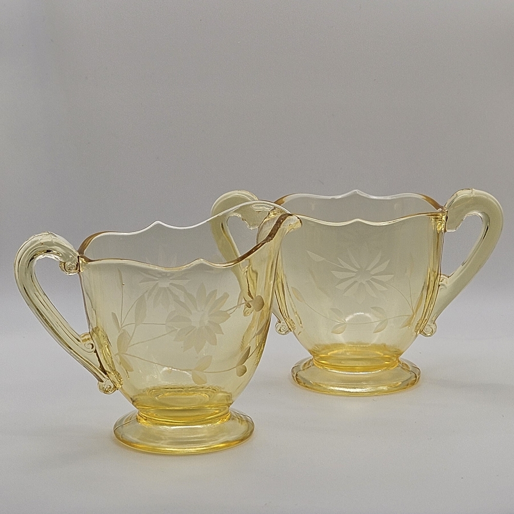 Vintage Lancaster Jubilee Yellow Depression Glass Creamer & Sugar Set